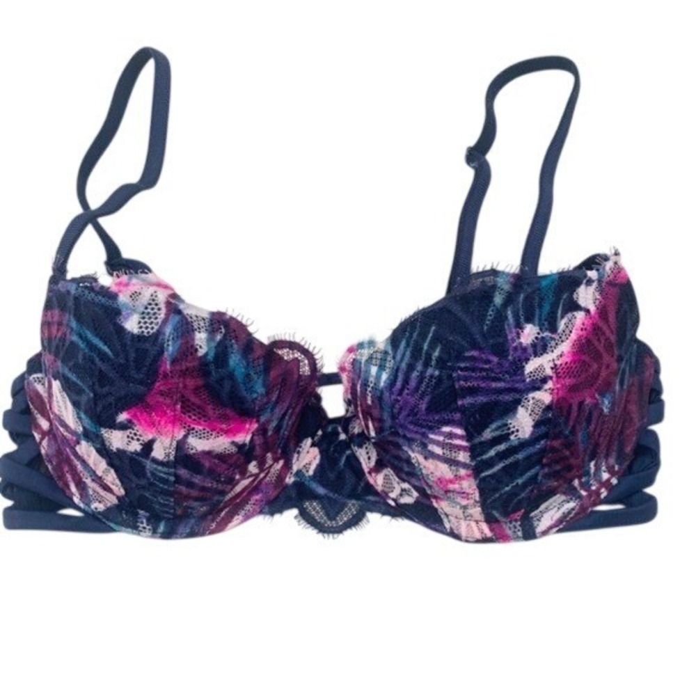 PINK Victoria's Secret Lace Date Push-Up Bra 32B Blue Pink‎ Floral